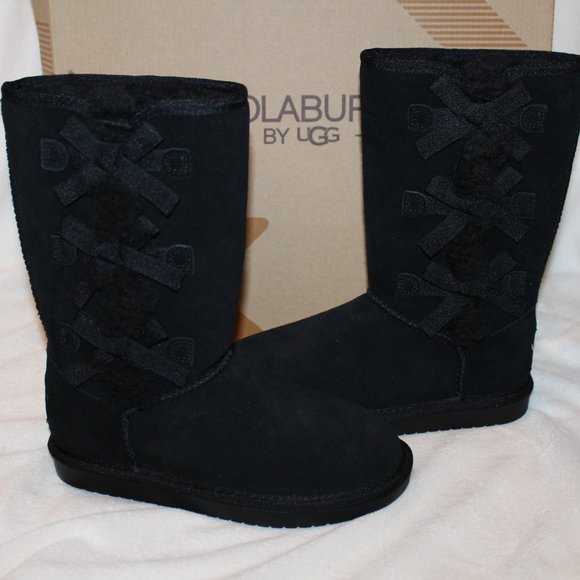 NIB UGG KOOLABURRA GIRL'S TALL BOW SUEDE FUR LINED WINTER BOOTS BLACK - Picture 2 of 7